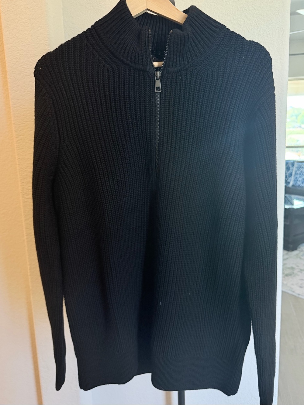 Quince Australian Merino Wool Fisherman Men Half Zip Sweater Black Medium Ribbed